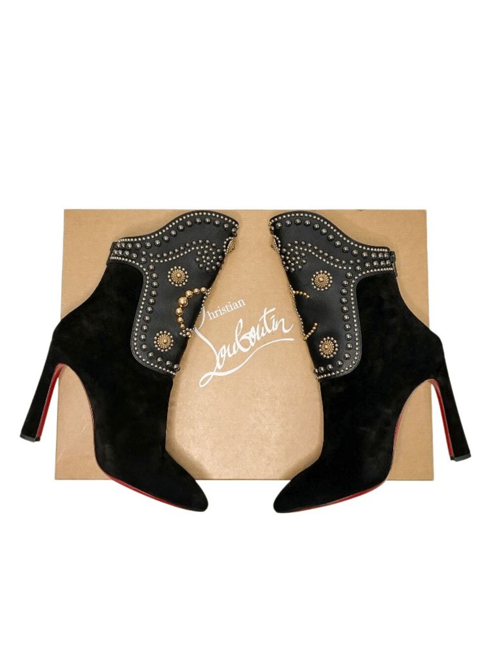 Christian Louboutin Studded Alix Booties EU 40 Black Suede 100mm Heel Red Sole